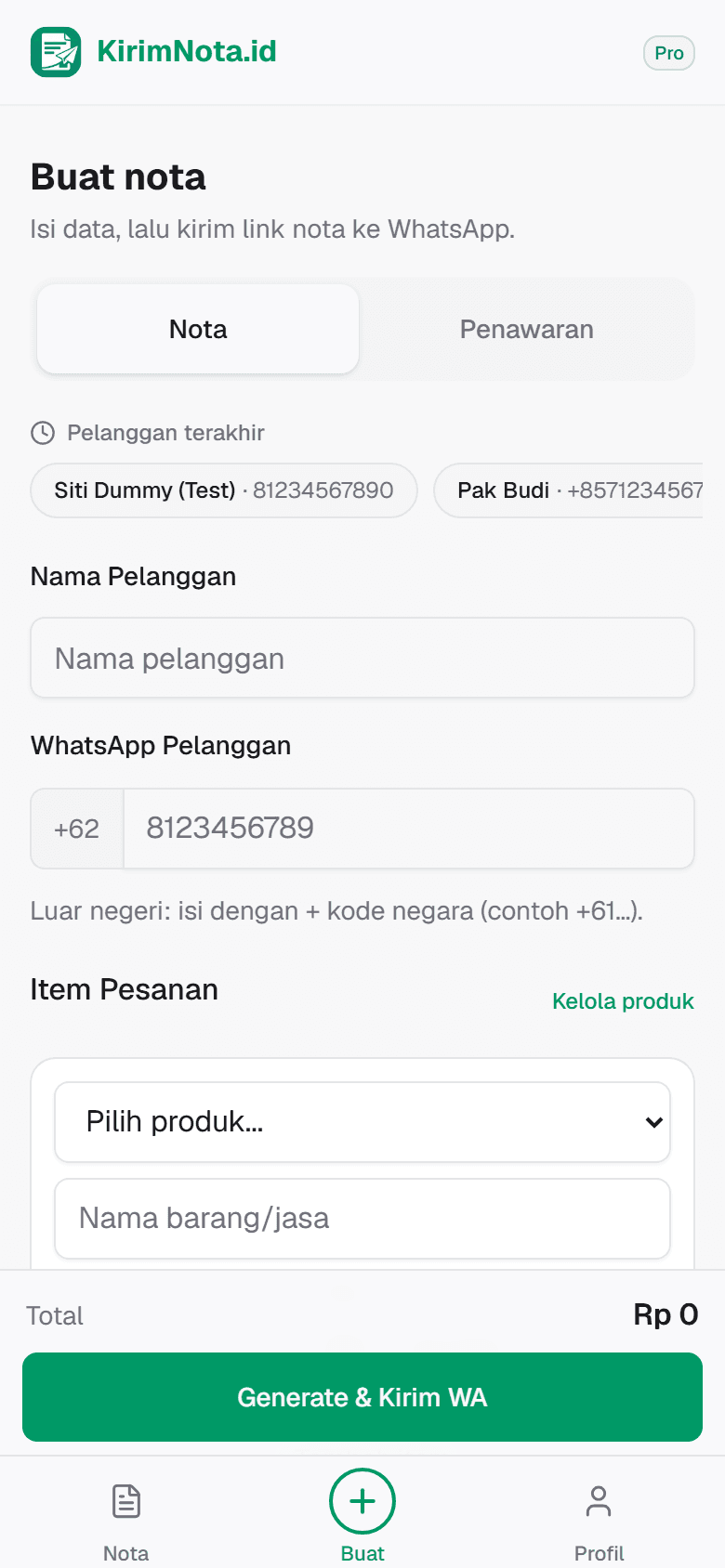 Cuplikan layar: Cara buat invoice di HP: kirim WhatsApp, unduh PDF arsip