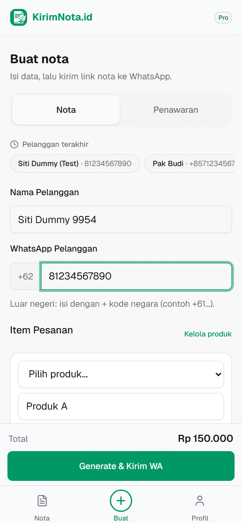 Cuplikan layar: Cara buat nota di KirimNota