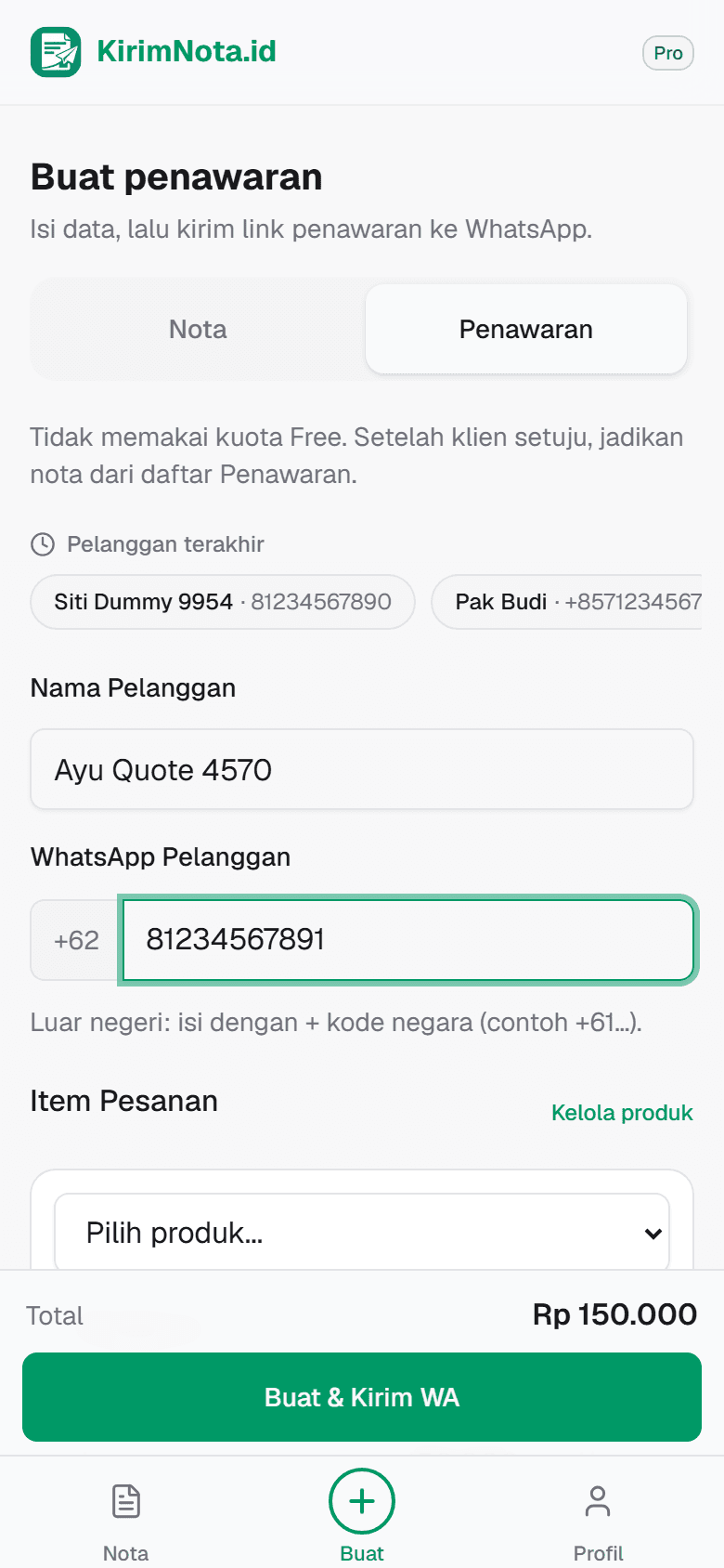 Cuplikan layar: Cara buat penawaran di KirimNota