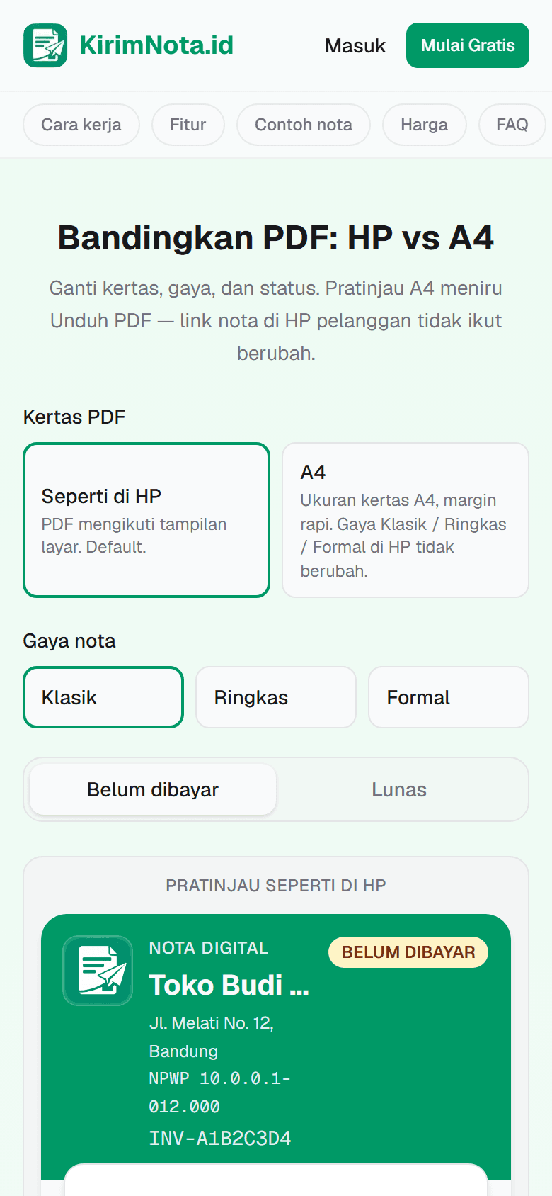 Cuplikan layar: Cara pilih kertas PDF: seperti di HP atau A4
