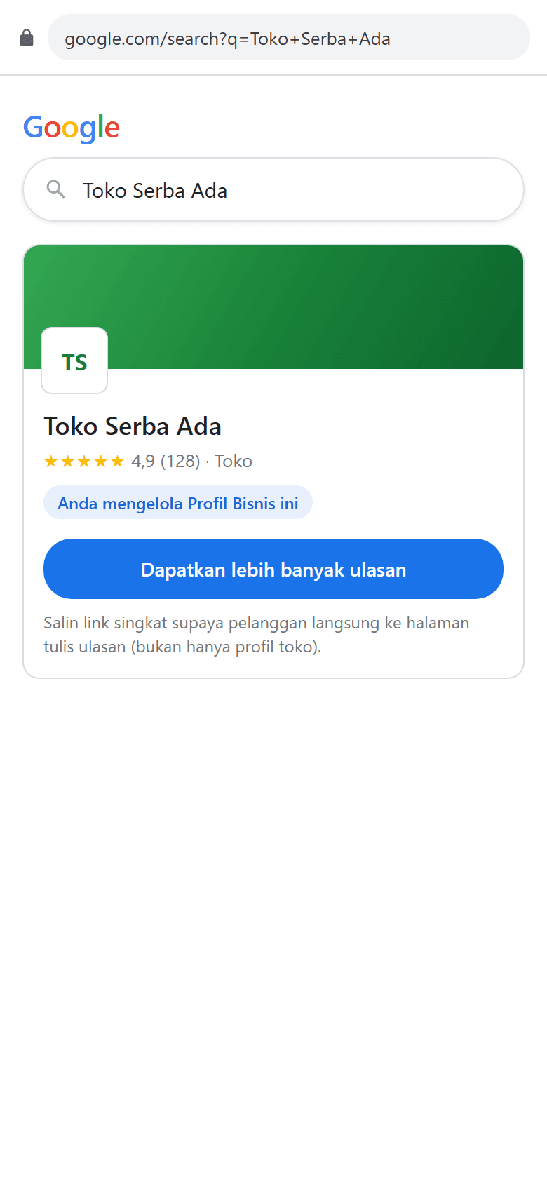 Cuplikan layar: Cara buat link review Google Maps untuk toko