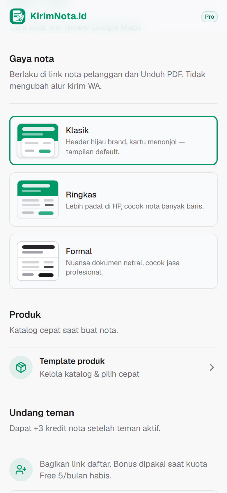 Cuplikan layar: Cara pilih gaya nota di KirimNota