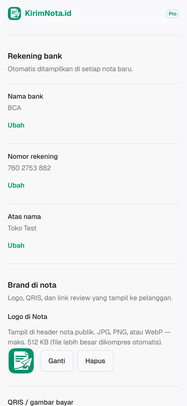Cuplikan layar: Cara lengkapi profil & rekening di KirimNota