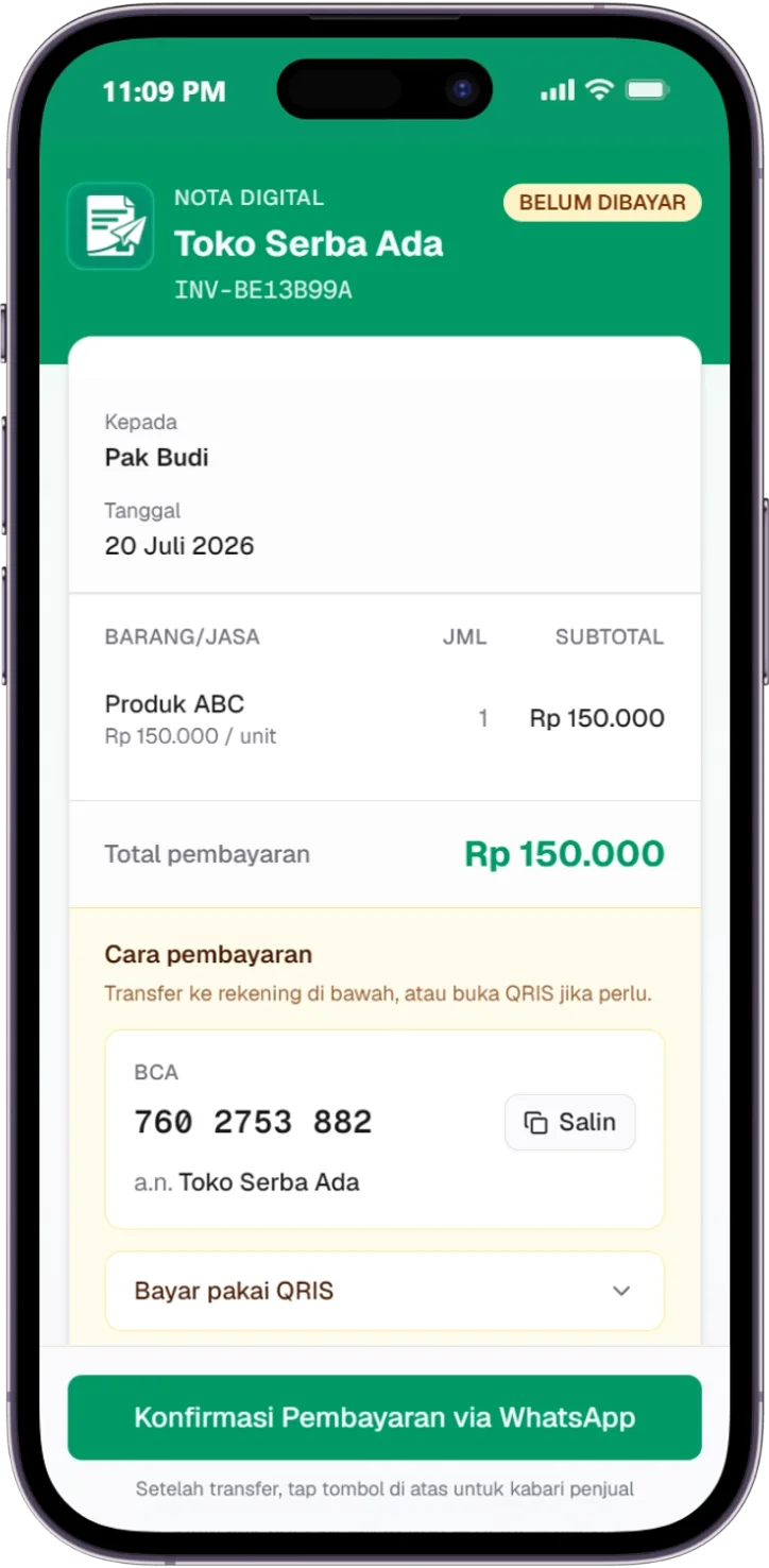 Contoh nota KirimNota.id di layar HP