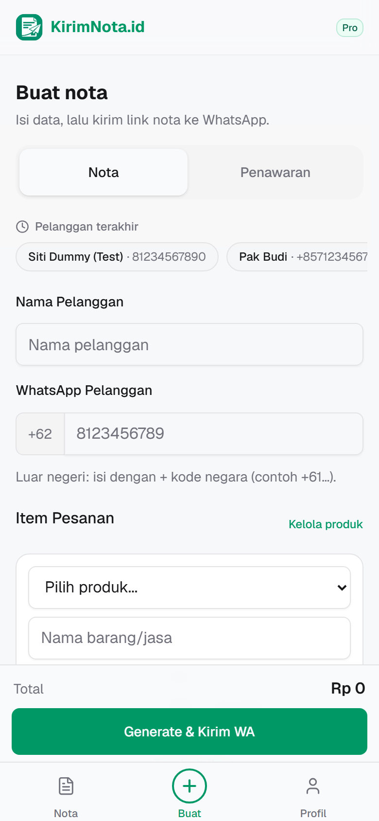 Form buat nota kosong di dashboard KirimNota