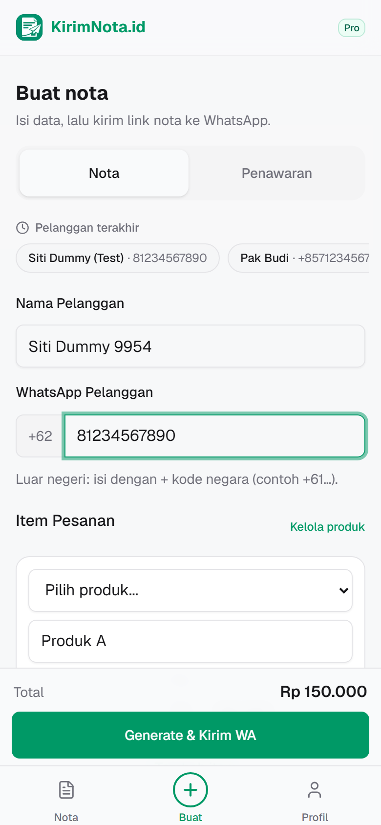 Form buat nota terisi siap Generate
