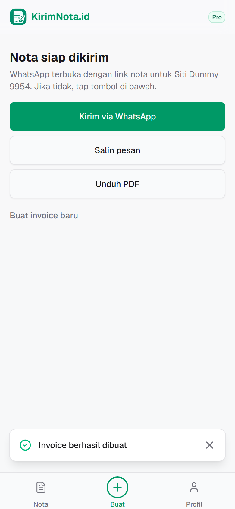 Layar Nota siap dikirim setelah dibuat