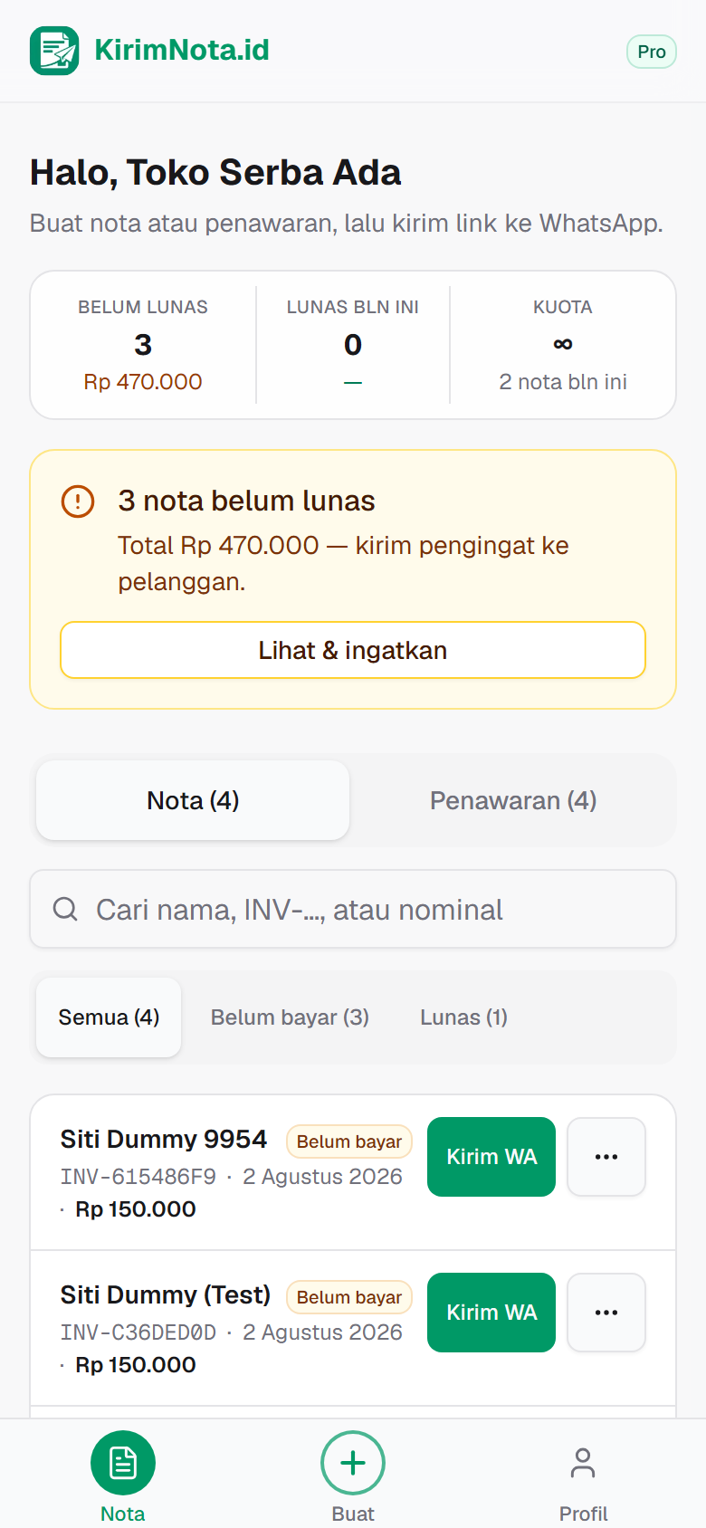 Daftar nota di dashboard berisi nota baru