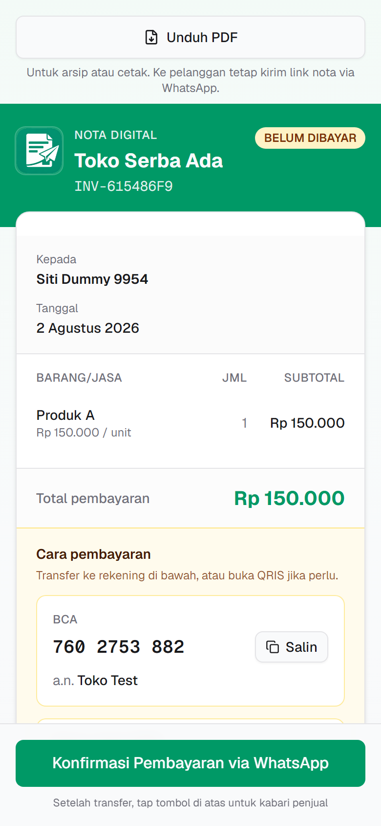 Halaman link nota publik yang dilihat pelanggan