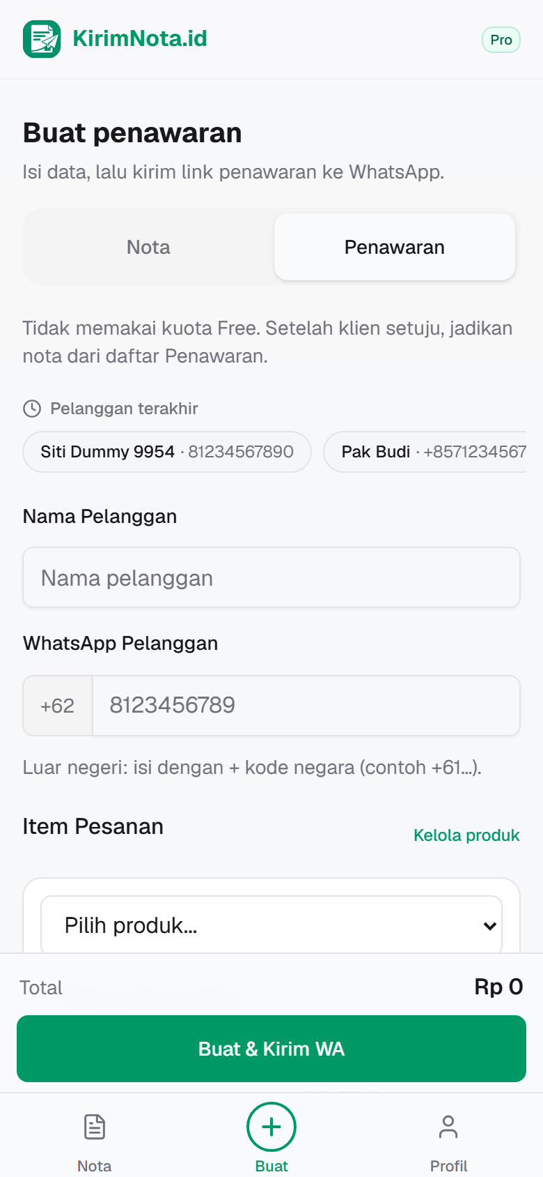 Form buat penawaran di KirimNota pada HP