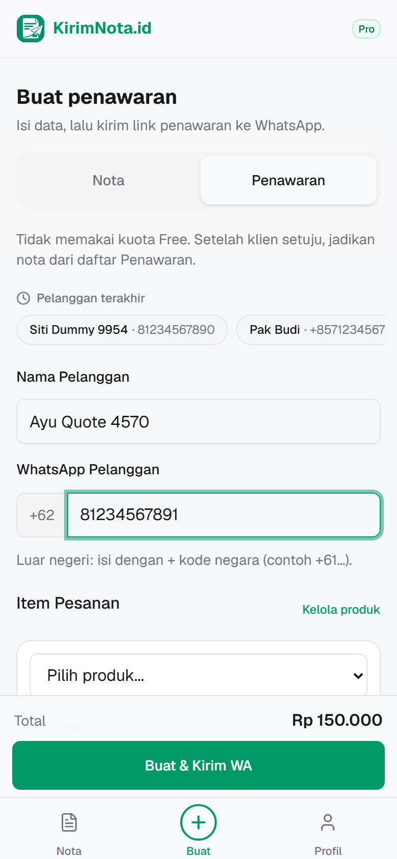 Form penawaran terisi siap Buat & Kirim WA