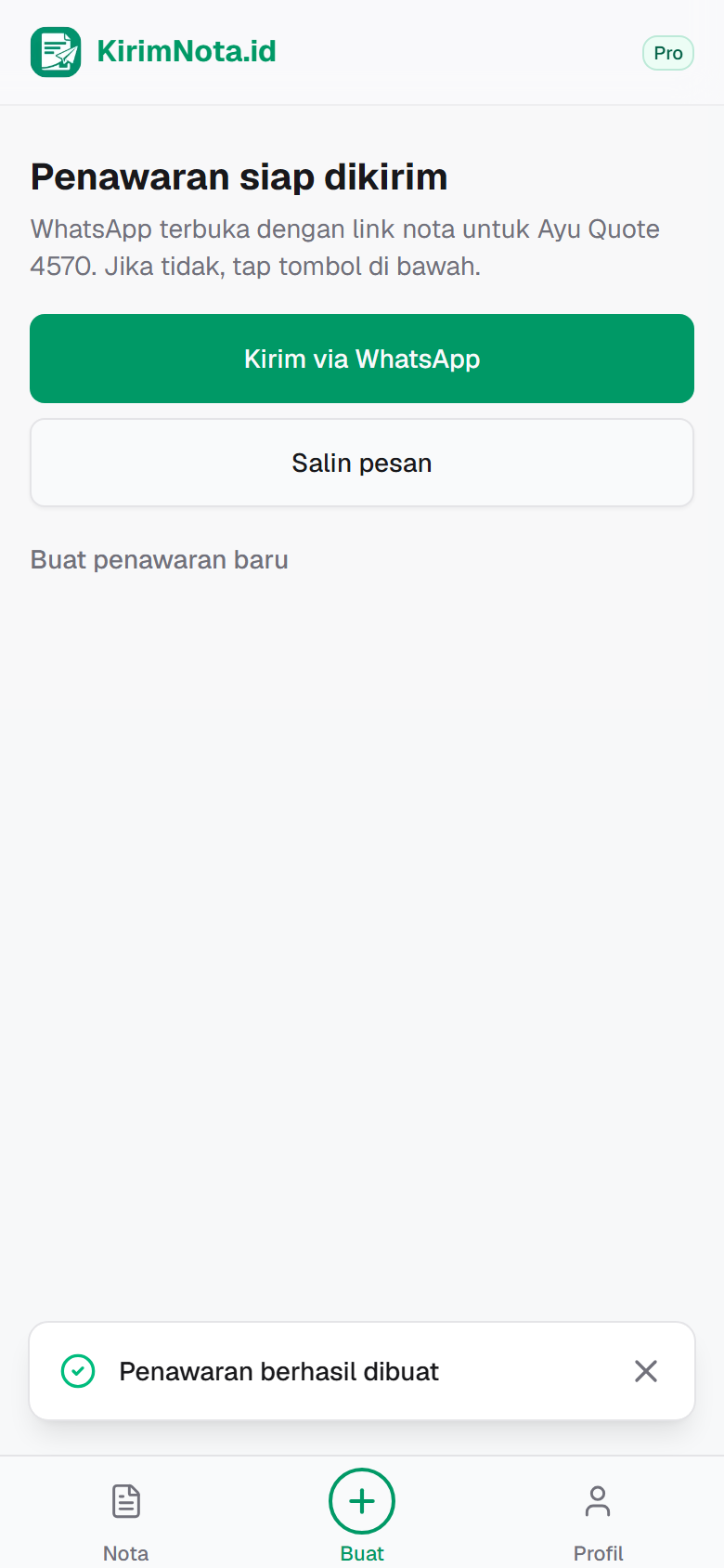 Layar penawaran siap dikirim dengan tombol WhatsApp