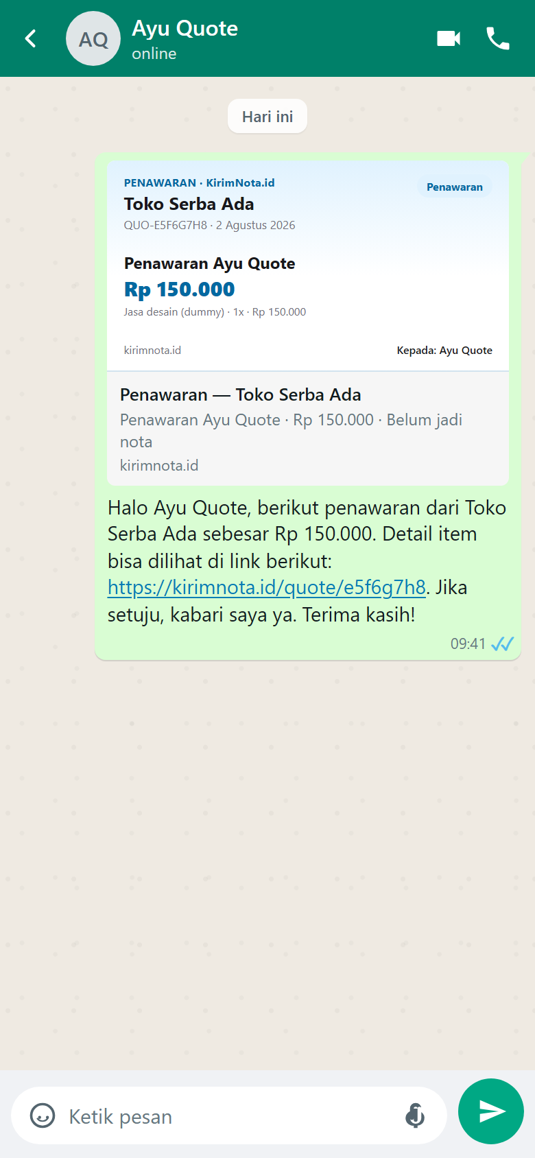 Ilustrasi chat WhatsApp berisi pesan penawaran dan preview kartu link