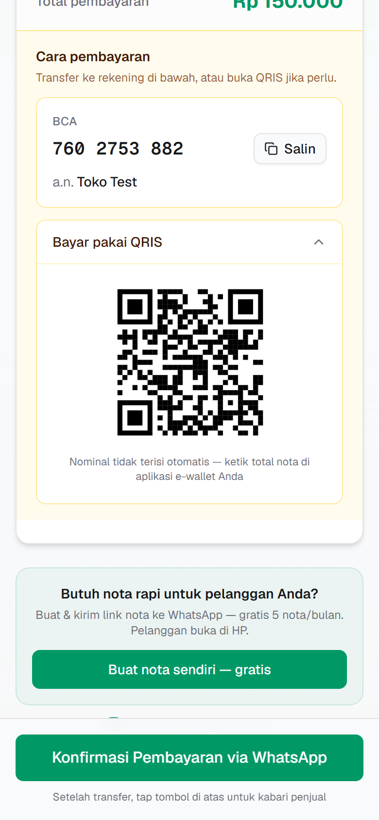 Halaman nota publik dengan rekening dan QRIS terbuka