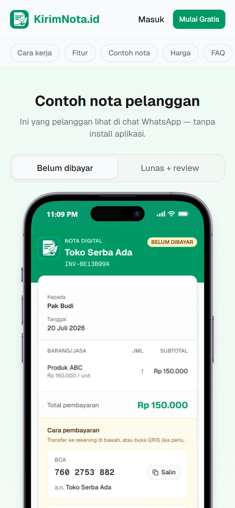Contoh halaman nota KirimNota (data dummy, bukan toko dari chat Anda)