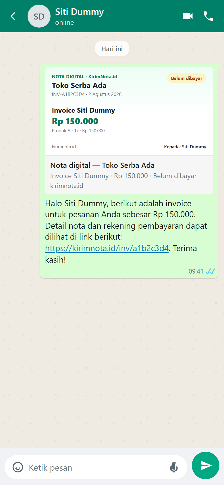 Ilustrasi chat WhatsApp berisi pesan nota dan link /inv