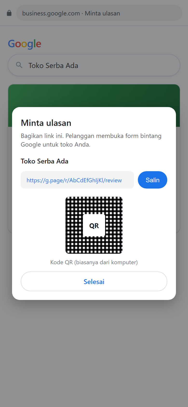 Ilustrasi popup Minta ulasan Google dengan link g.page dan tombol Salin