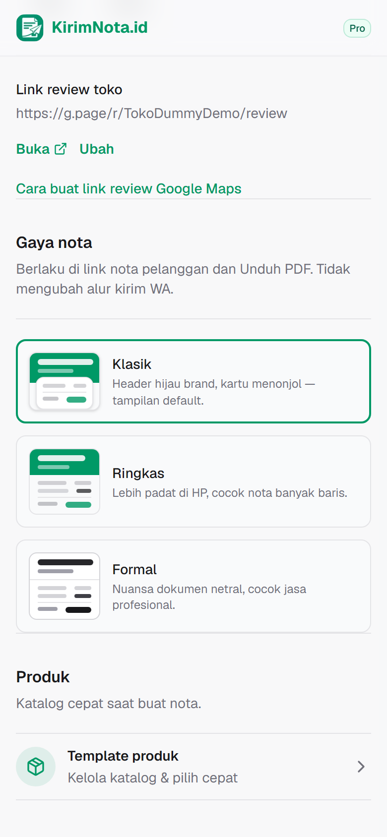 Pengaturan Brand di nota menampilkan field Link review toko
