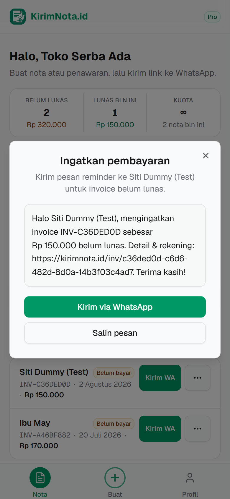 Dialog Ingatkan pembayaran dengan pratinjau pesan WhatsApp