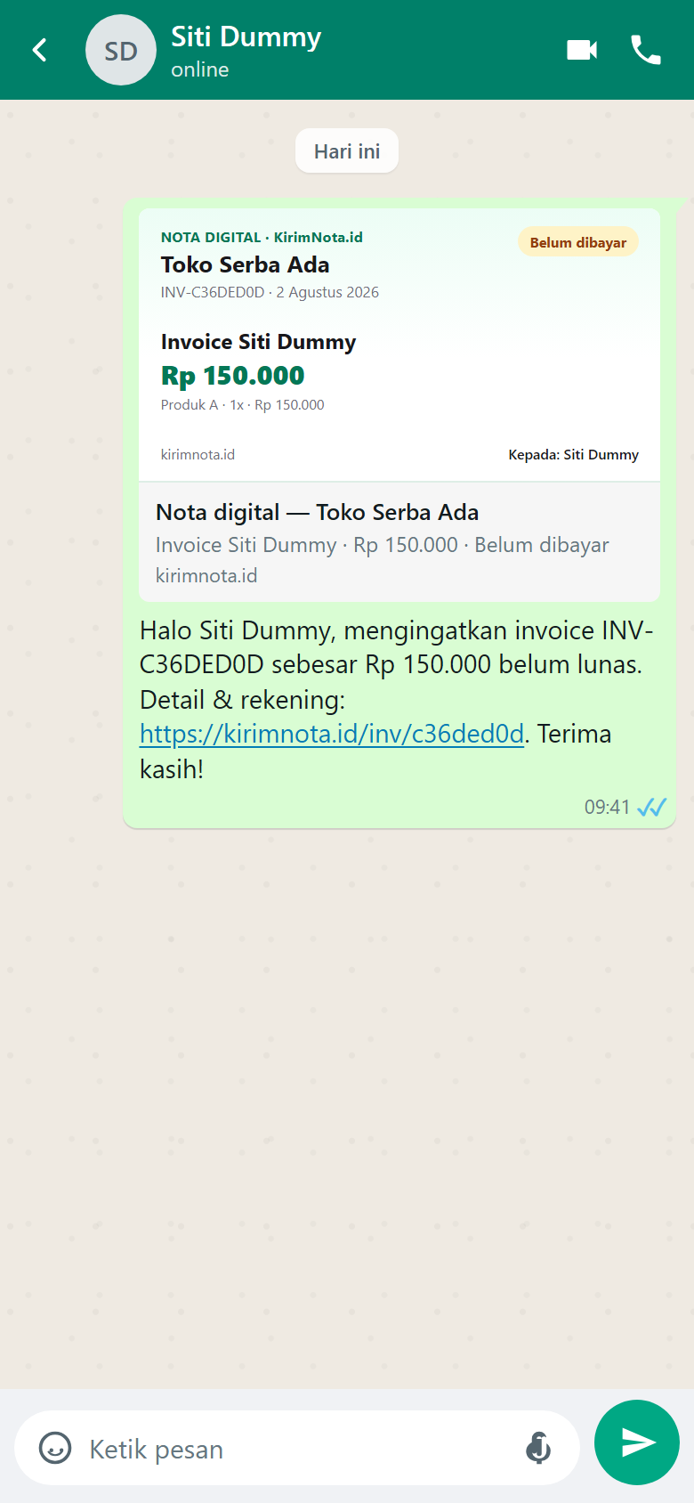 Ilustrasi chat WhatsApp berisi pesan pengingat tagihan dan preview kartu link