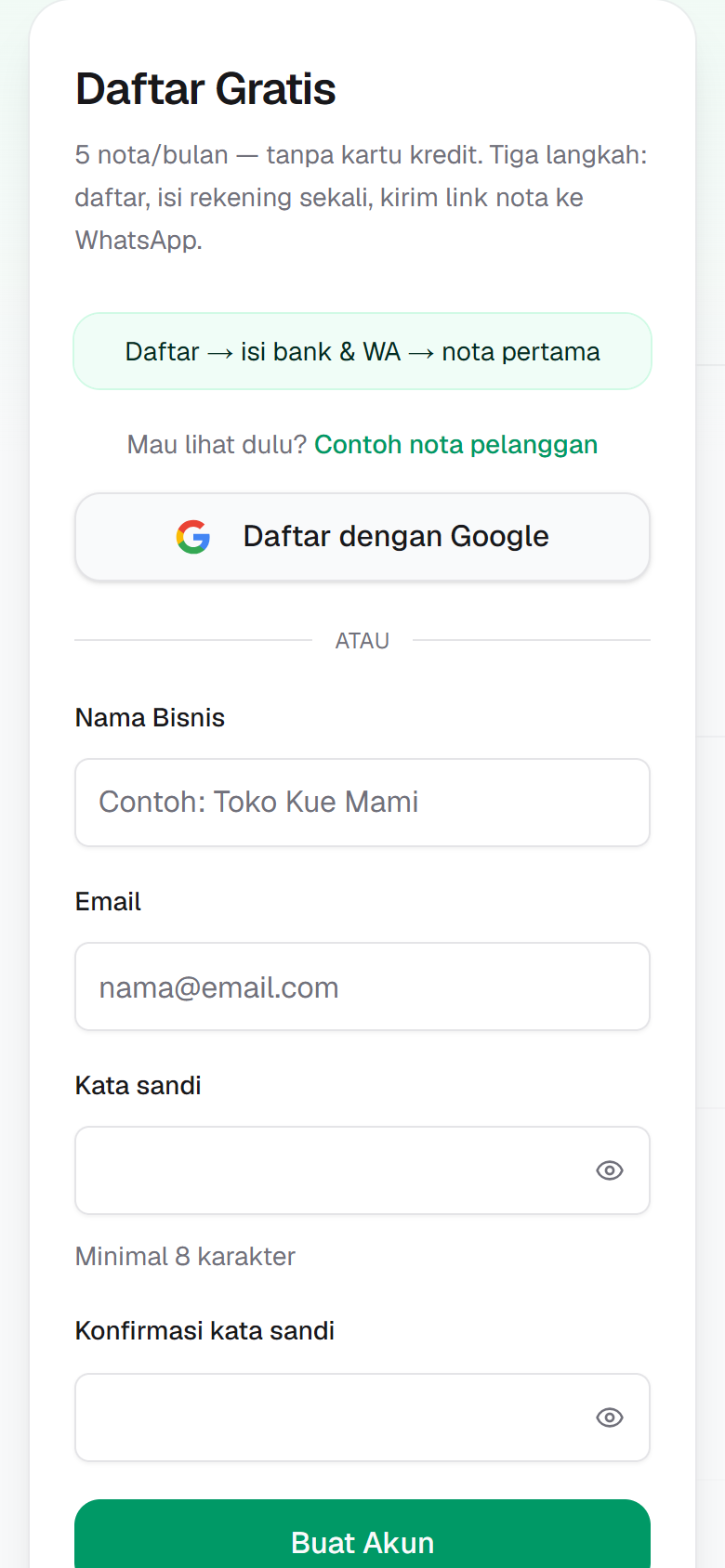 Layar daftar KirimNota di HP, tombol Google dan form email