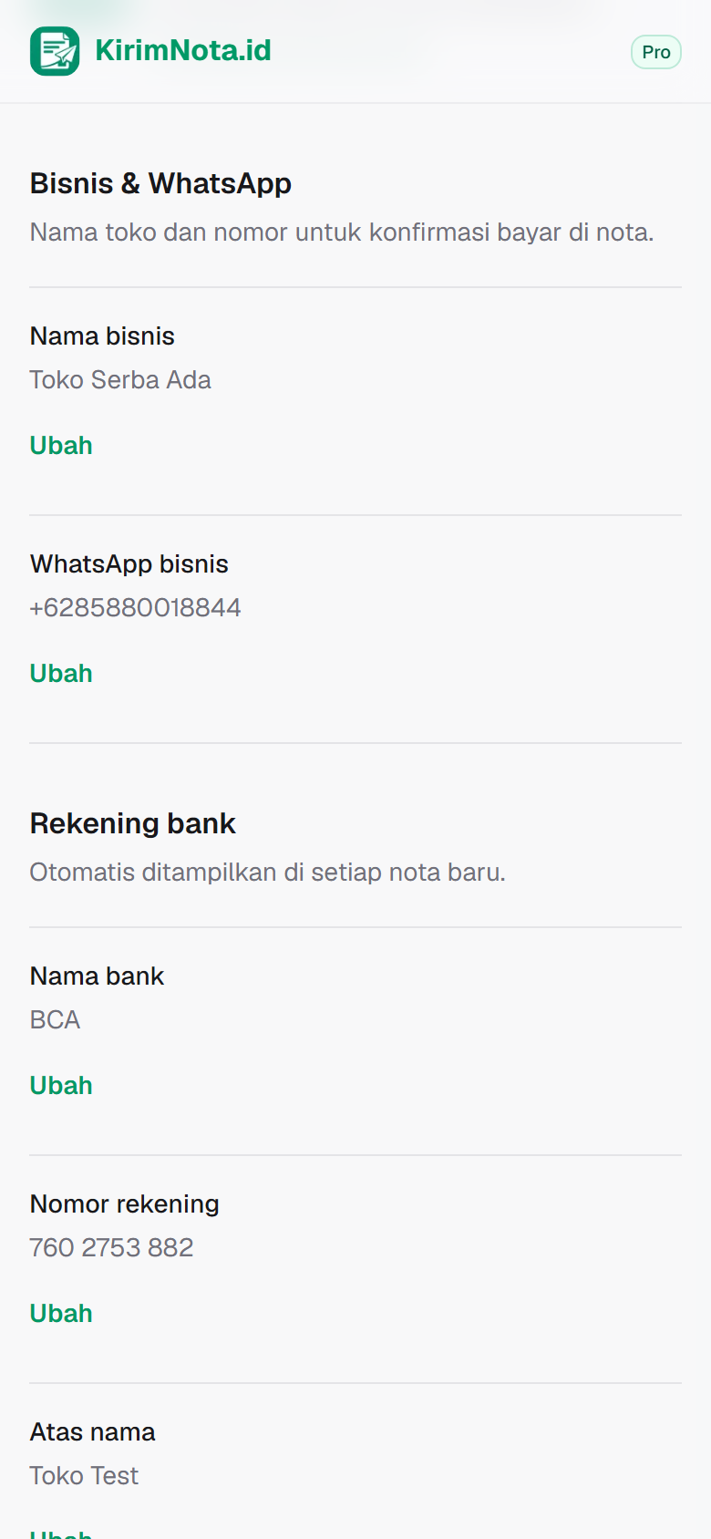 Bagian Bisnis & WhatsApp di Pengaturan KirimNota