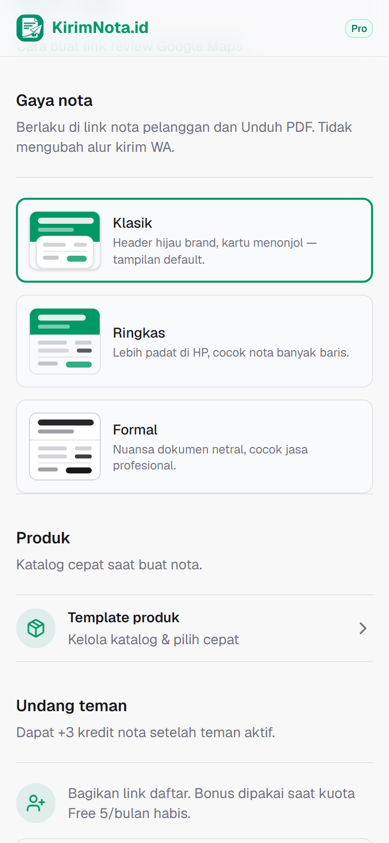Pengaturan KirimNota tempat mengatur gaya nota