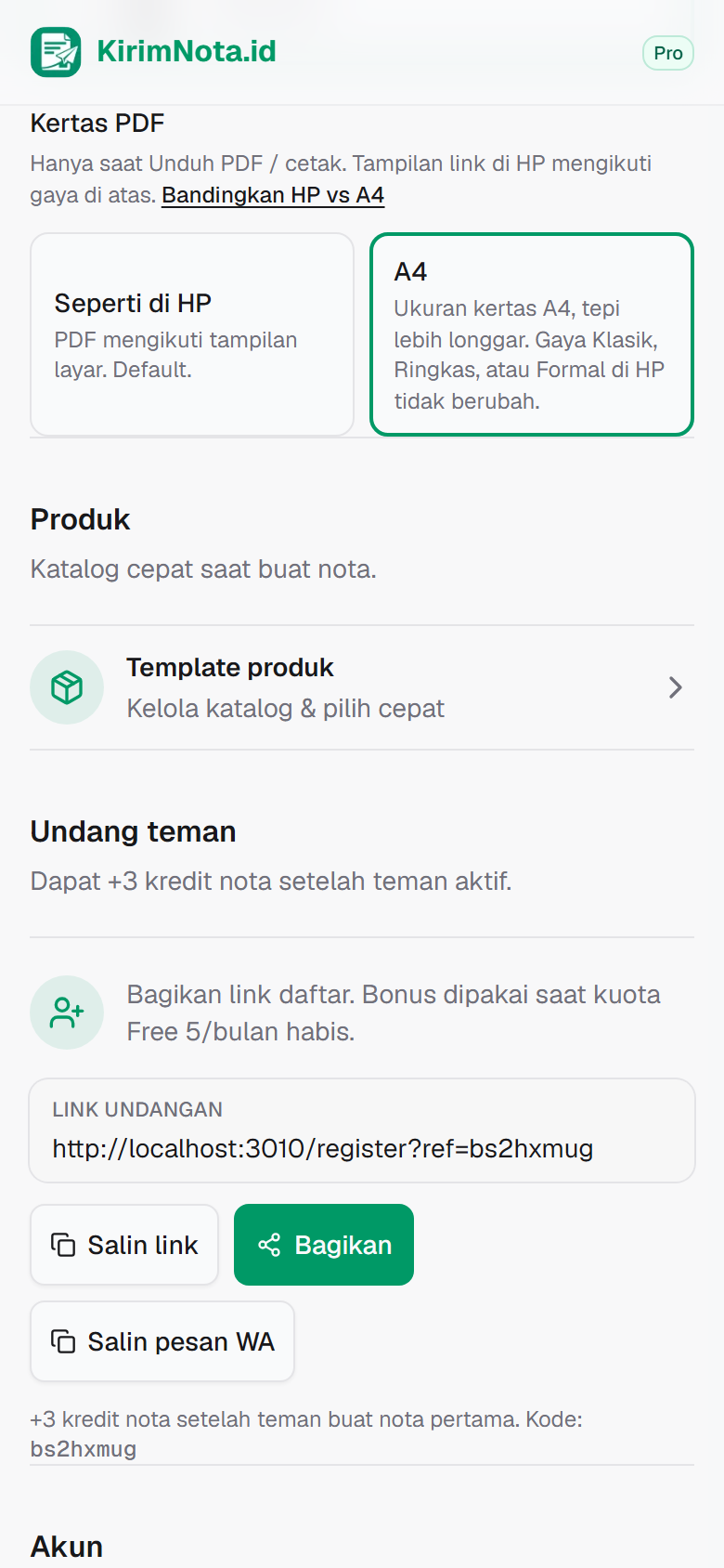 Pengaturan KirimNota: pilihan kertas PDF seperti di HP atau A4