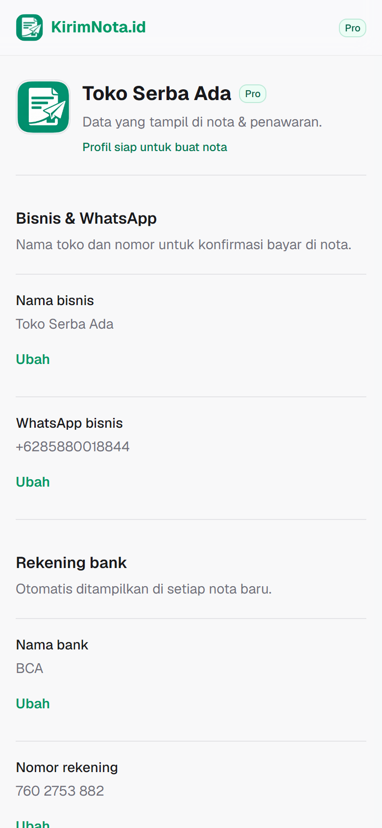 Layar Pengaturan di KirimNota pada HP