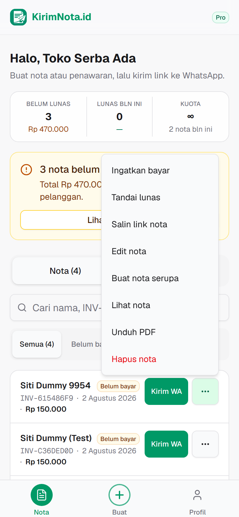 Menu aksi nota dengan opsi Tandai lunas