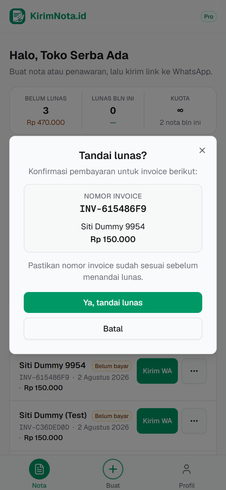 Dialog konfirmasi tandai nota lunas