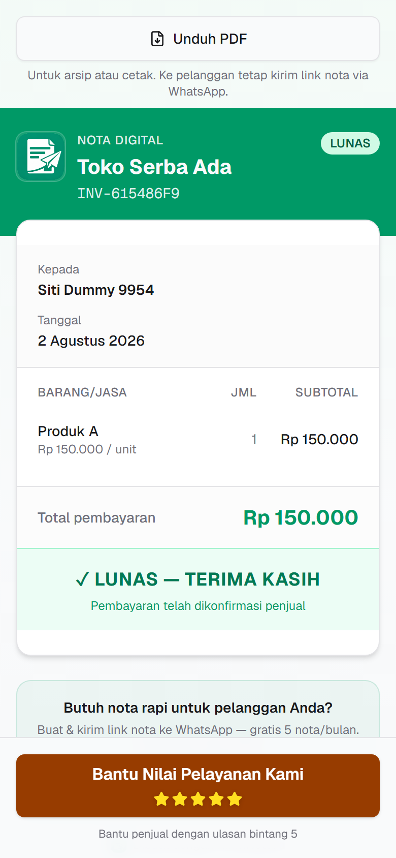 Halaman nota lunas dengan tombol ajakan review toko